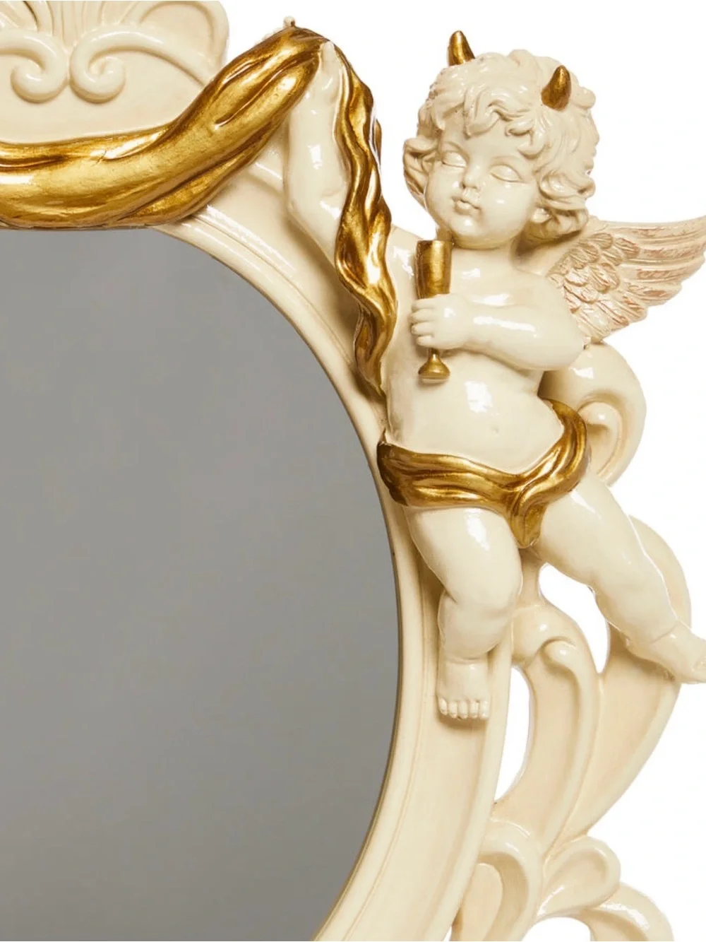 Ornate Cherub Oval Wall Mirror in Cream and Gold